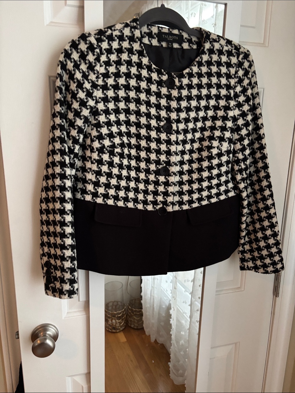 Talbots Black and White Houndstooth Cropped Blazer